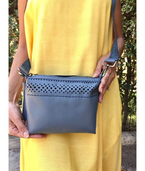 Grey Genuine Leather pouch handmade in Egypt and available at Jozee Boutique.