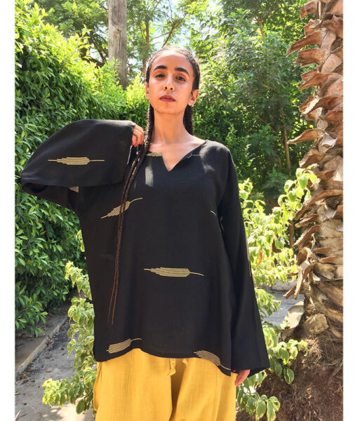 Black & gold Handwoven Viscose Top Handmade in Egypt & available in Jozee boutique