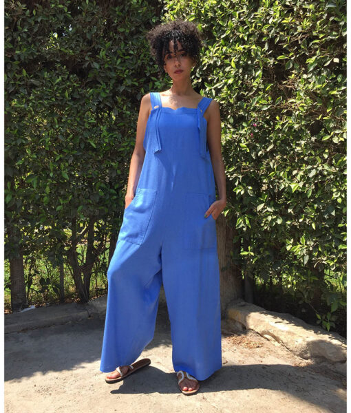 Aqua Linen Jumpsuit handmade in Egypt & available at Jozee Boutique.