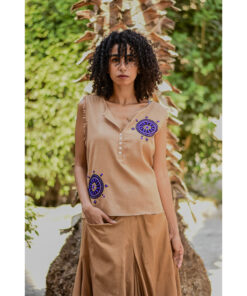 Dark Beige Siwa Embroidered Linen Top Handmade in Egypt & available at Jozee Boutique