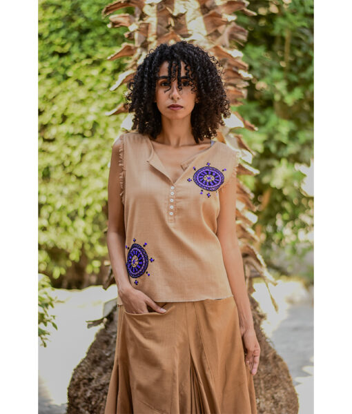 Dark Beige Siwa Embroidered Linen Top Handmade in Egypt & available at Jozee Boutique