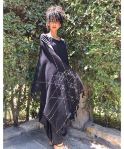 Black Tulle Shawl with Tally Embroideries handmade in Egypt & available at Jozee Boutique.