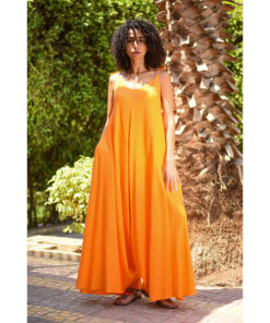 Orange Flowy Jumpsuit/Dress handmade in Egypt & available at Jozee Boutique.