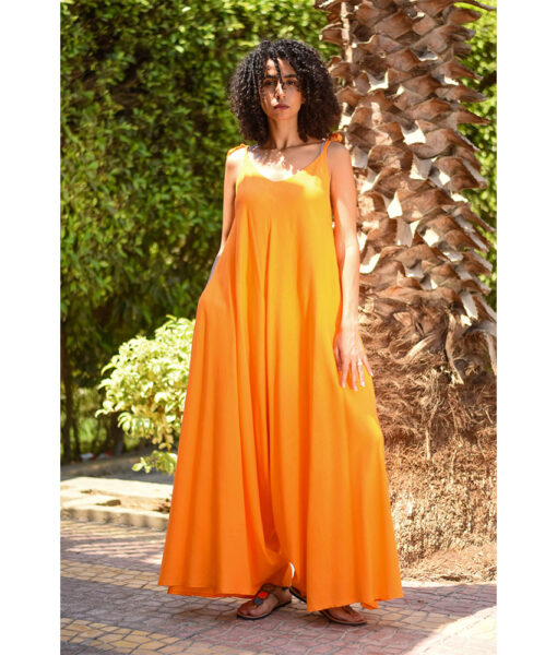 Orange Flowy Jumpsuit/Dress handmade in Egypt & available at Jozee Boutique.