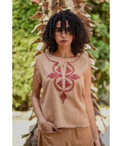 Dark Beige Siwa Embroidered Linen Top Handmade in Egypt & available at Jozee Boutique