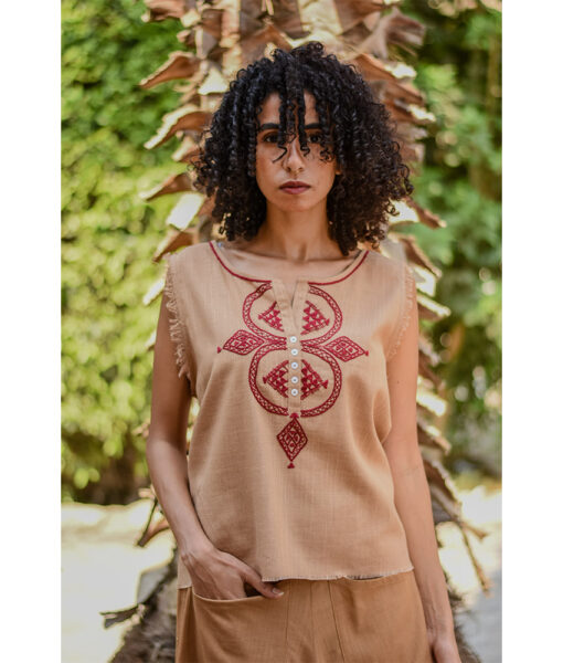 Dark Beige Siwa Embroidered Linen Top Handmade in Egypt & available at Jozee Boutique