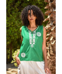 Green Siwa Embroidered Linen Top Handmade in Egypt & available at Jozee Boutique