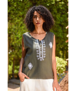 Army Green Siwa Embroidered Linen Top Handmade in Egypt & available at Jozee Boutique