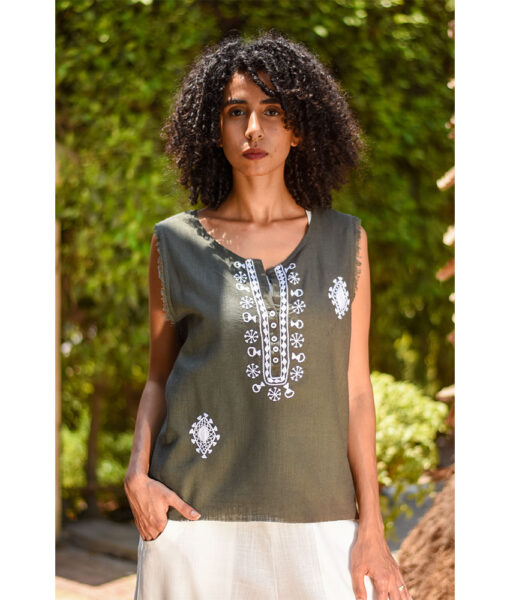 Army Green Siwa Embroidered Linen Top Handmade in Egypt & available at Jozee Boutique