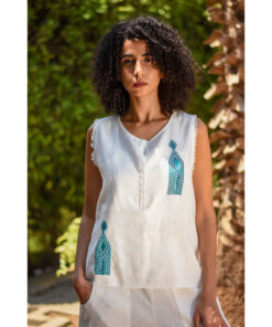 White Siwa Embroidered Linen Top Handmade in Egypt & available at Jozee Boutique