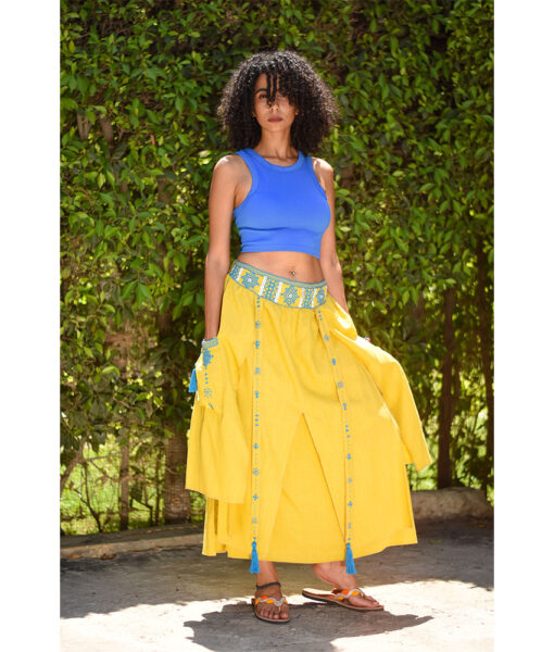 Yellow Siwa Embroidered Linen Slices Skirt handmade in Egypt & available in Jozee boutique