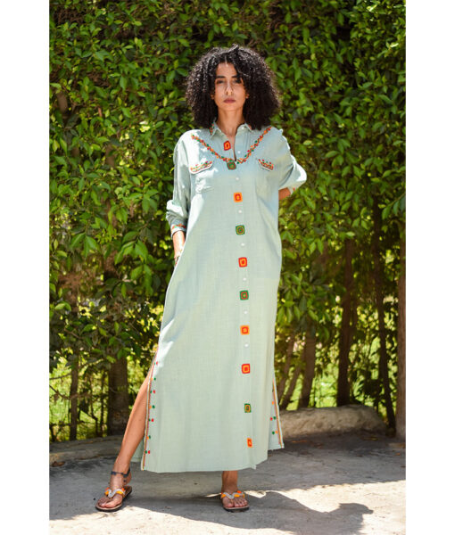 Mint Siwa Embroidered Linen Shirt Dress handmade in Egypt & available at Jozee Boutique.