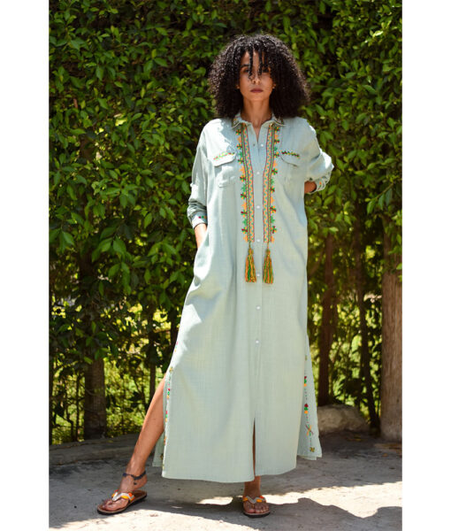 Mint Siwa Embroidered Linen Shirt Dress handmade in Egypt & available at Jozee Boutique.