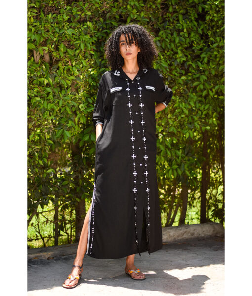 Black Siwa Embroidered Linen Shirt Dress handmade in Egypt & available at Jozee Boutique.