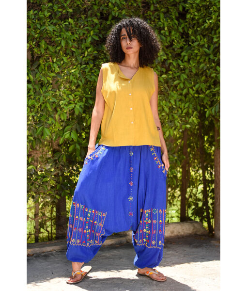 Electric Blue Siwa Embroidered Linen Harem Pants Handmade in Egypt & available at Jozee Boutique