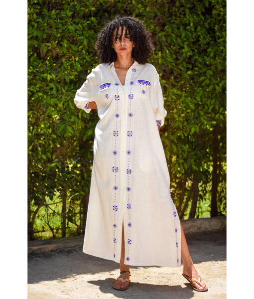 White Siwa Embroidered Linen Shirt Dress handmade in Egypt & available at Jozee Boutique.