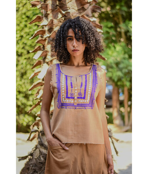 Dark Beige Siwa Embroidered Linen Top Handmade in Egypt & available at Jozee Boutique