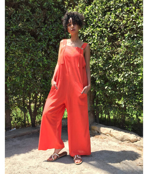 Orange Linen Jumpsuit handmade in Egypt & available at Jozee Boutique.