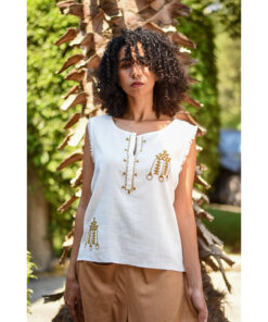 White Siwa Embroidered Linen Top Handmade in Egypt & available at Jozee Boutique