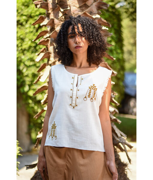 White Siwa Embroidered Linen Top Handmade in Egypt & available at Jozee Boutique