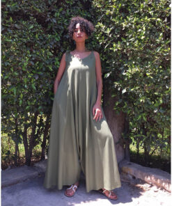 Army Green Flowy Jumpsuit/Dress handmade in Egypt & available at Jozee Boutique.