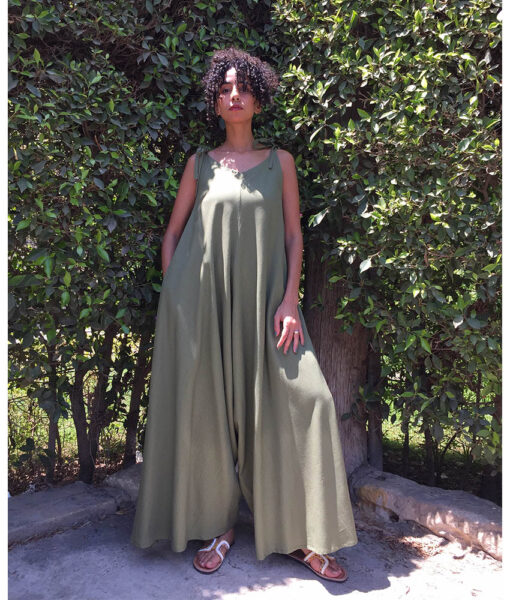 Army Green Flowy Jumpsuit/Dress handmade in Egypt & available at Jozee Boutique.