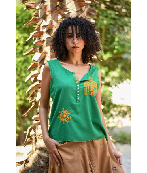 Green Siwa Embroidered Linen Top Handmade in Egypt & available at Jozee Boutique