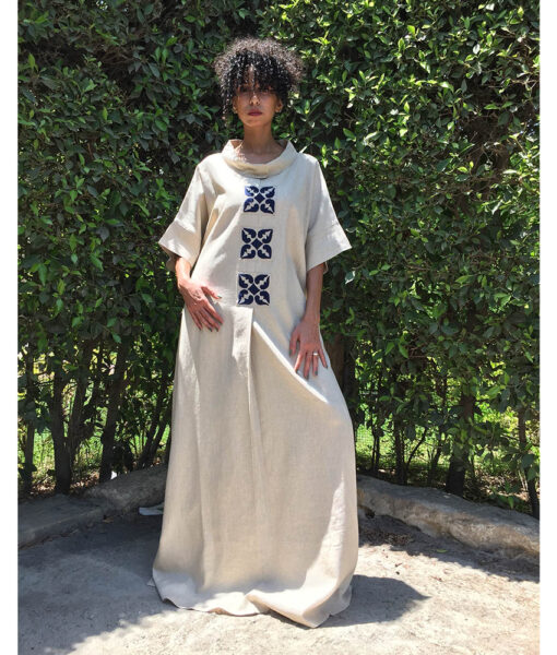 Off White Linen Dress with Hand Embroideries handmade in Egypt & available at Jozee Boutique.