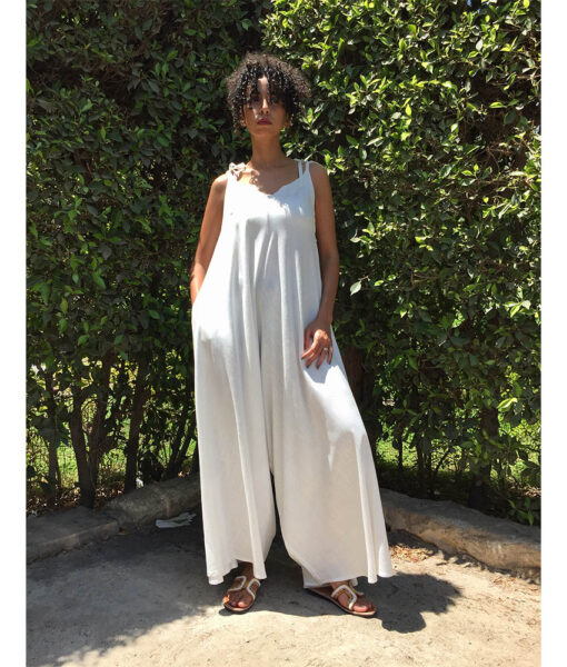 White Flowy Jumpsuit/Dress handmade in Egypt & available at Jozee Boutique.