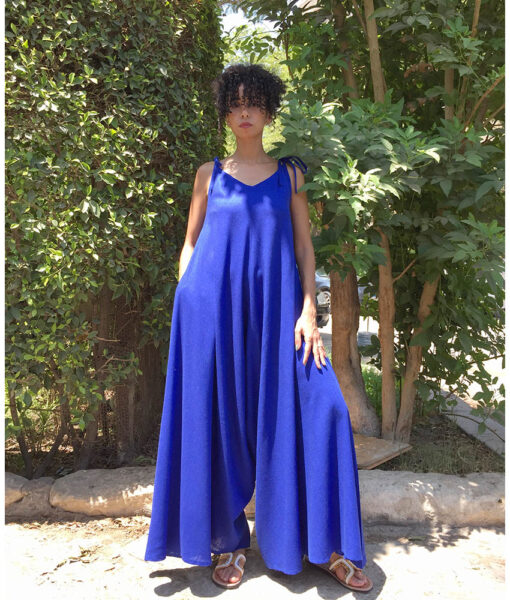 Electric Blue Flowy Jumpsuit/Dress handmade in Egypt & available at Jozee Boutique.