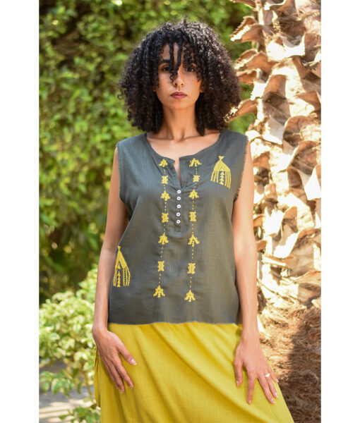 Army Green Siwa Embroidered Linen Top Handmade in Egypt & available at Jozee Boutique