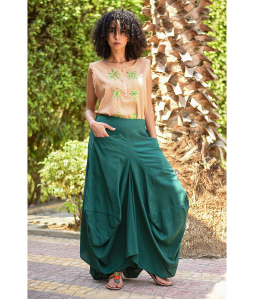 Emerald Green Linen Sherwal Skirt handmade in Egypt & available at Jozee Boutique.