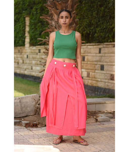 Fuchsia Embroidered Linen Slices Skirt handmade in Egypt & available in Jozee boutique