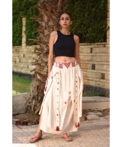 Beige Siwa Embroidered Linen Slices Skirt handmade in Egypt & available in Jozee boutique