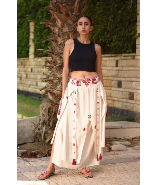 Beige Siwa Embroidered Linen Slices Skirt handmade in Egypt & available in Jozee boutique