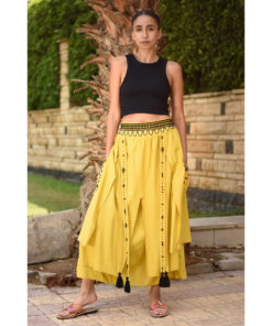 Yellow Siwa Embroidered Linen Slices Skirt handmade in Egypt & available in Jozee boutique