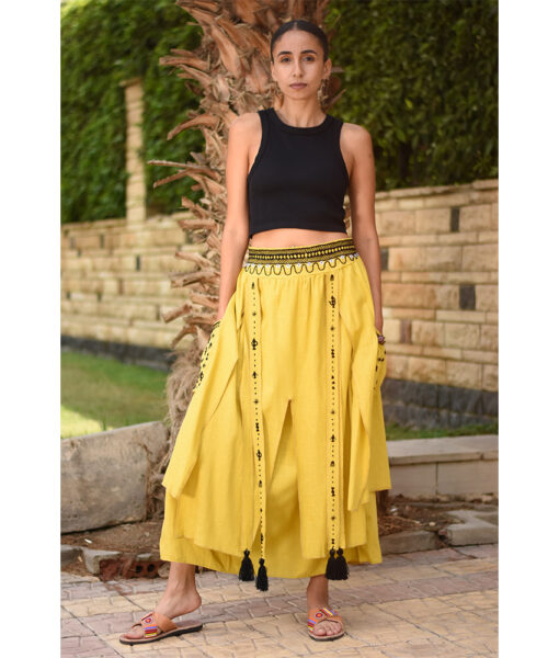 Yellow Siwa Embroidered Linen Slices Skirt handmade in Egypt & available in Jozee boutique