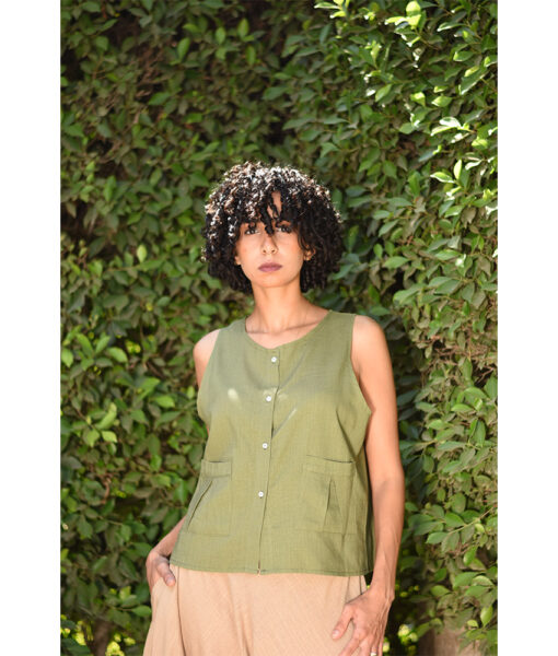 Army green Linen Top handmade in Egypt & available in Jozee boutique