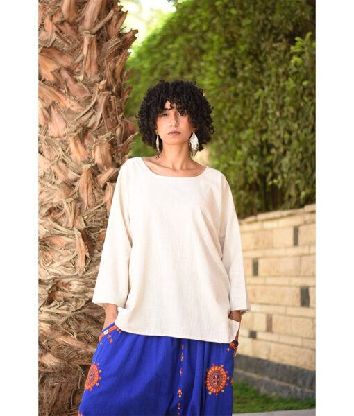 Beige Linen Top – Long Sleeves handmade in Egypt & available in Jozee boutique