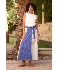 Blue & Silver Silk and Cotton Loom Woven Long Wrap Skirt handmade in Egypt & available at Jozee Boutique.