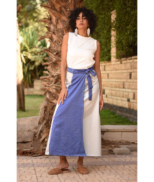 Blue & Silver Silk and Cotton Loom Woven Long Wrap Skirt handmade in Egypt & available at Jozee Boutique.