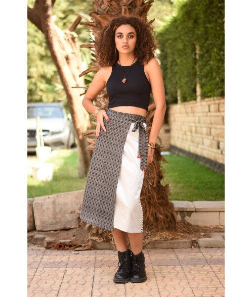 Silver & Shades of Grey Silk and Cotton Loom Woven Midi Wrap Skirt handmade in Egypt & available at Jozee Boutique.