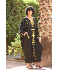 Black Siwa Embroidered Linen Kaftan handmade in Egypt & available at Jozee boutique