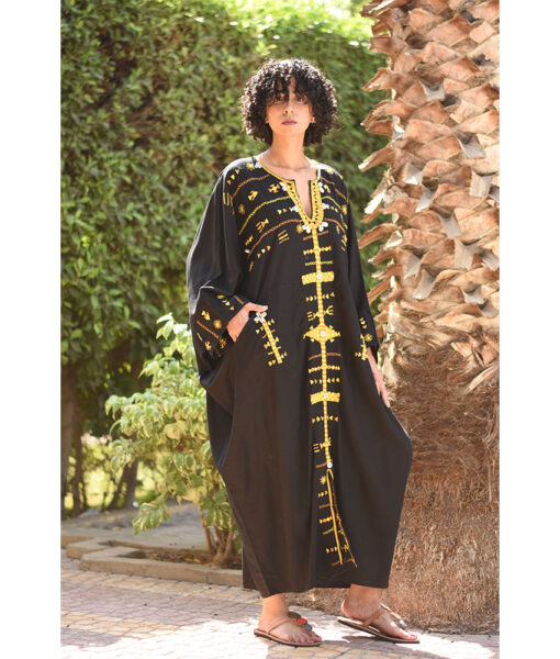 Black Siwa Embroidered Linen Kaftan handmade in Egypt & available at Jozee boutique