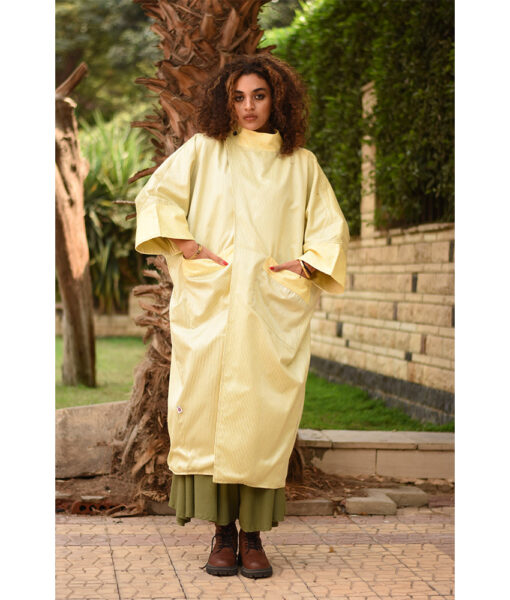 Yellow with Black Stripes Long Double-Faced Jacket handmade in Egypt & available at Jozee Boutique.