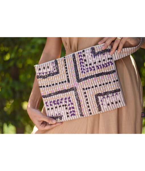 Off white & Beige Embroidered Clutch handmade in Egypt & available at Jozee Boutique.