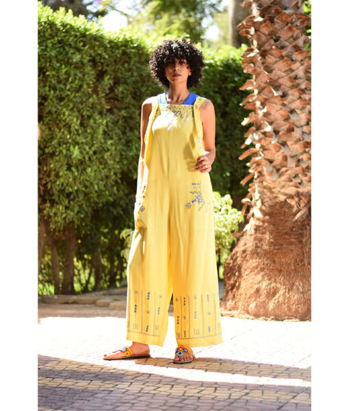 Yellow Siwa Embroidered Linen Jumpsuit Handmade in Egypt & available at Jozee Boutique