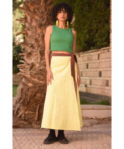 Striped Yellow & Maroon Silk and Cotton Loom Woven Long Wrap Skirt handmade in Egypt & available at Jozee Boutique.