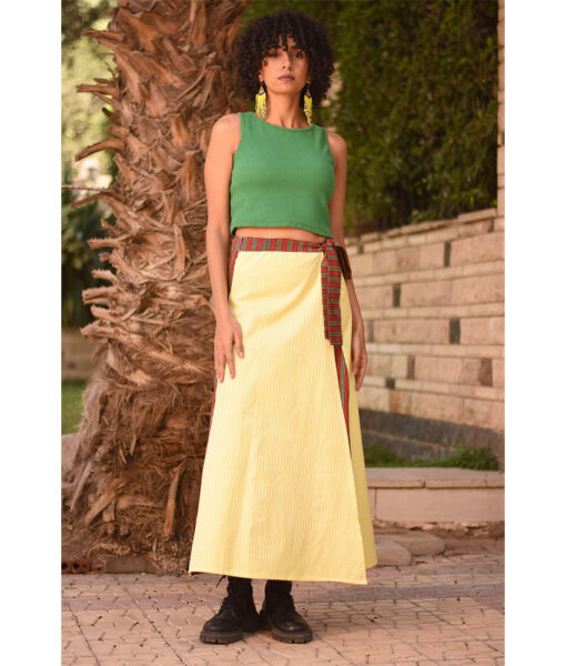 Striped Yellow & Maroon Silk and Cotton Loom Woven Long Wrap Skirt handmade in Egypt & available at Jozee Boutique.