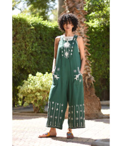 Emerald Green Siwa Embroidered Linen Jumpsuit Handmade in Egypt & available at Jozee Boutique